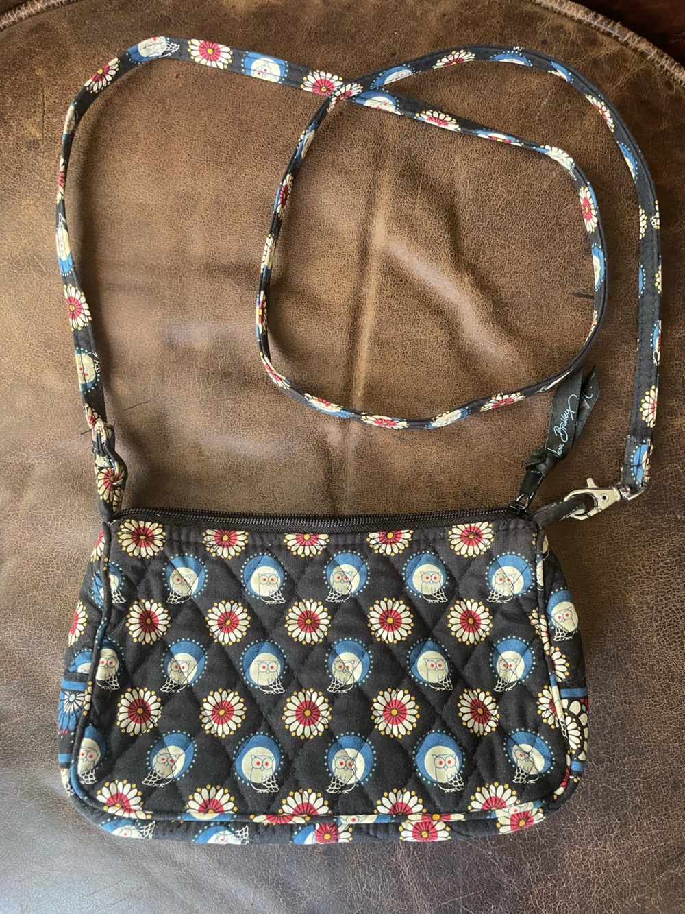 Vera Bradley Black Crossbody Bag with Blue, Red and Cream Floral‎ Owl Print
